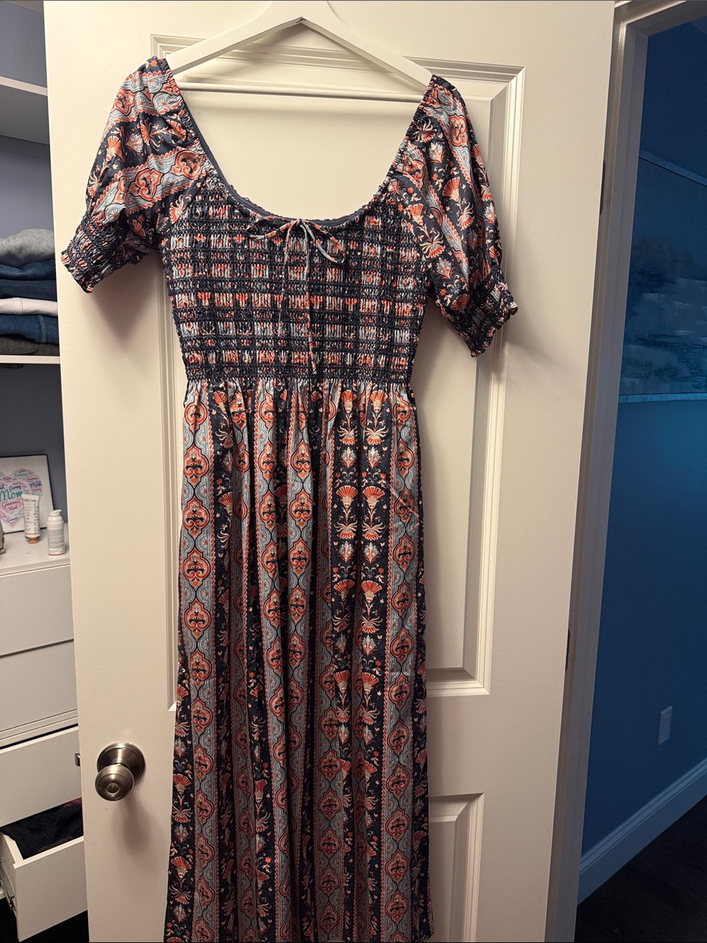 Hill House Smocked Maxi Dress in Navy and Coral Print